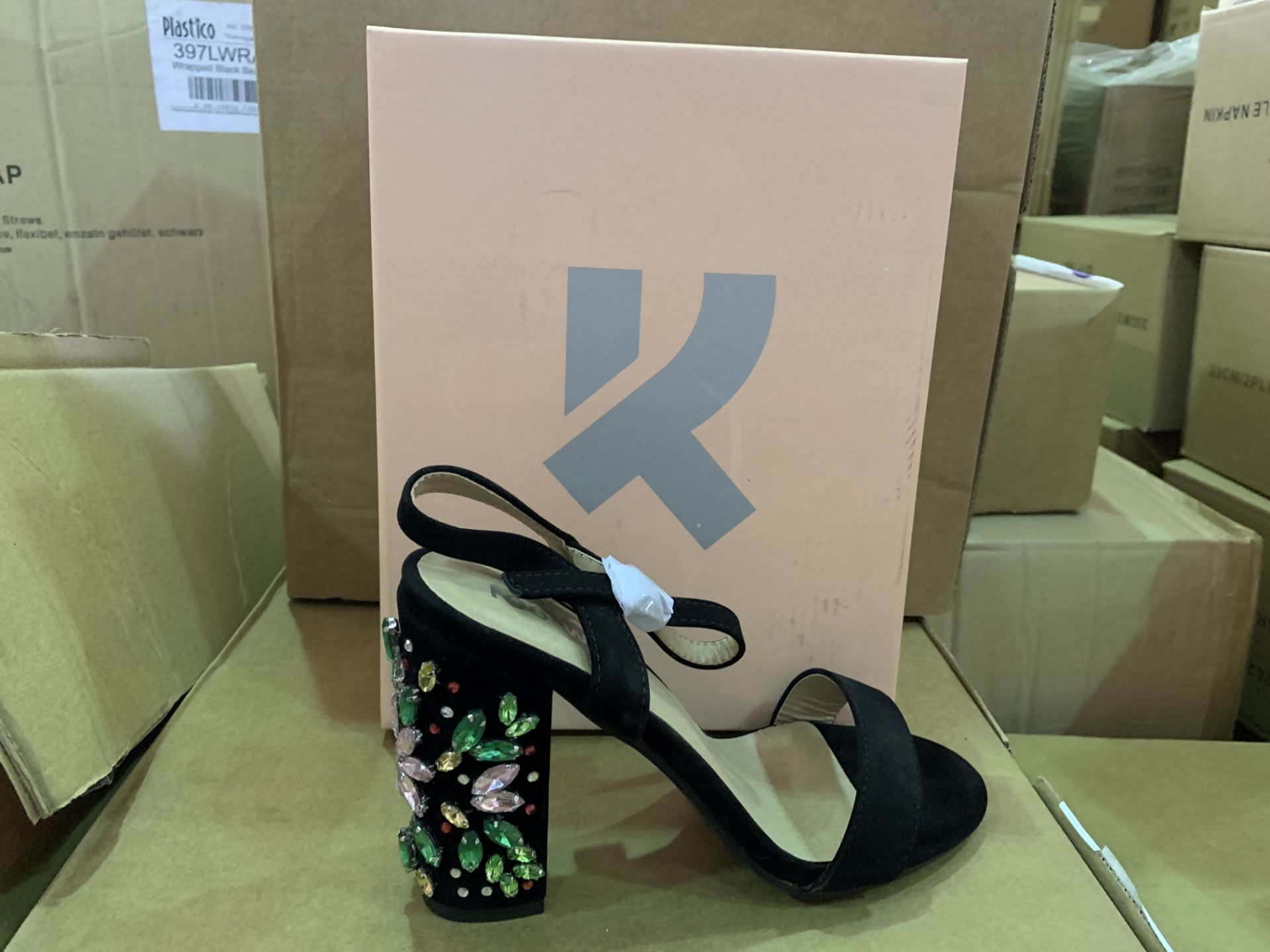 14 X BRAND NEW RETAIL BOXED KOI COUTURE BLACK SUEDE HIGH HEEL FASHION SHOES WITH JEWELLS IN RATIO