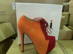 12 X BRAND NEW RETAIL BOXED KOI FOOTWEAR ORANGE HIGH HEEL FASHION SHOES IN RATIO BOX (1 X SIZE 3,