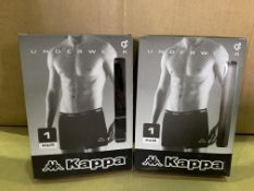 20 X BRAND NEW KAPPA RETAIL PACKAGED BOXER SHORTS (4 X S, 8 X M, 6 X L, 2 X XL) IN 2 BOXES