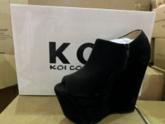 14 X BRAND NEW RETAIL BOXED KOI COUTURE BLACK SUEDE HIGH HEEL SHOES IN RATIO BOX (1 X SIZE 3, 3 X