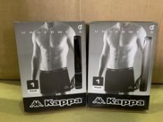 20 X BRAND NEW KAPPA RETAIL PACKAGED BOXER SHORTS (4 X S, 8 X M, 6 X L, 2 X XL) IN 2 BOXES