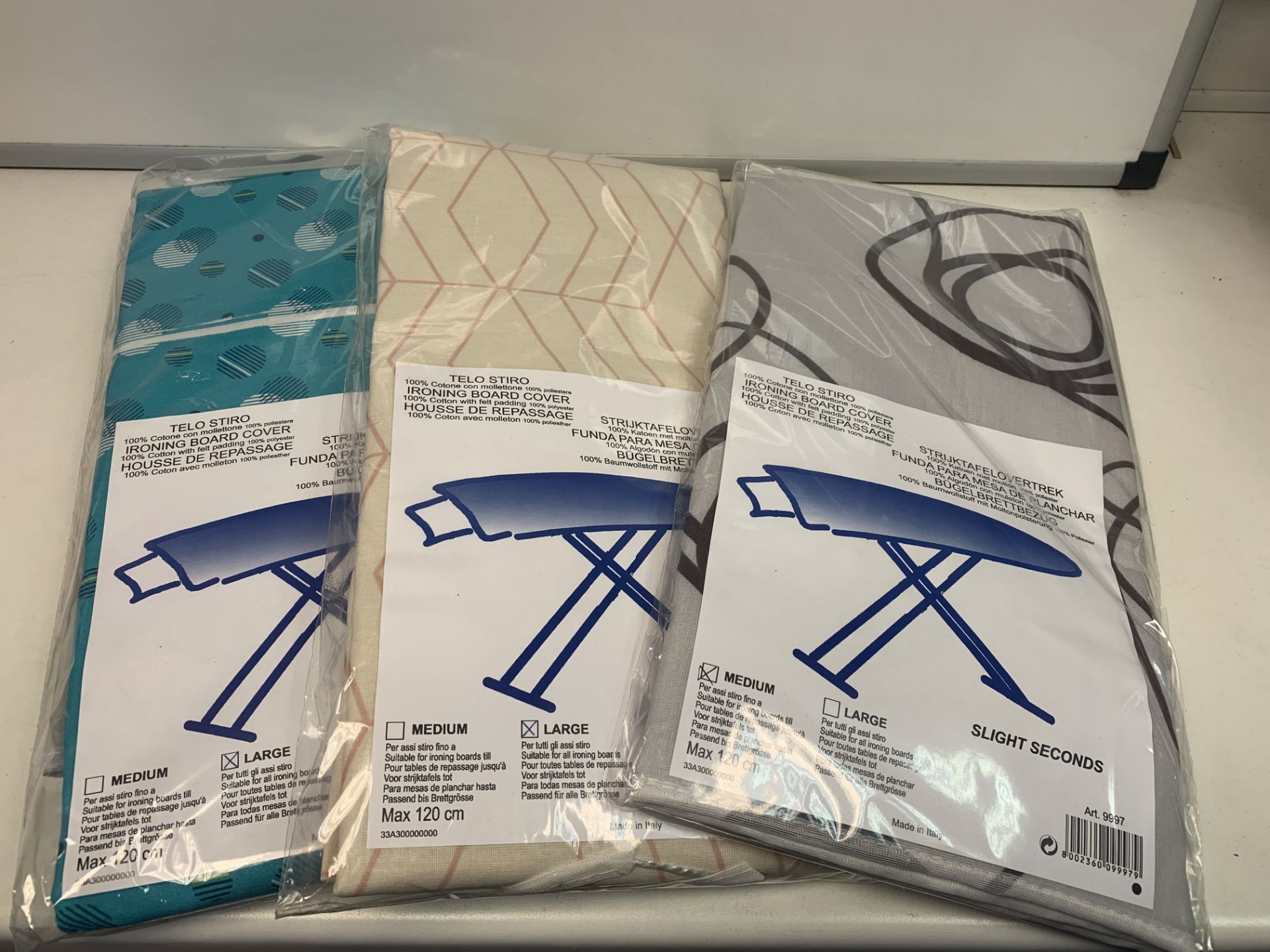 30 X NEW SEALED LUXURY IRONING BOARD COVERS IN VARIOUS STYLES/DESIGNS