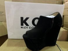 14 X BRAND NEW RETAIL BOXED KOI COUTURE BLACK SUEDE HIGH HEEL SHOES IN RATIO BOX (1 X SIZE 3, 3 X