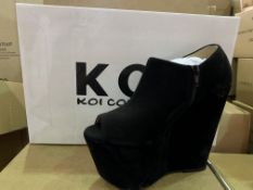 14 X BRAND NEW RETAIL BOXED KOI COUTURE BLACK SUEDE HIGH HEEL SHOES IN RATIO BOX (1 X SIZE 3, 3 X