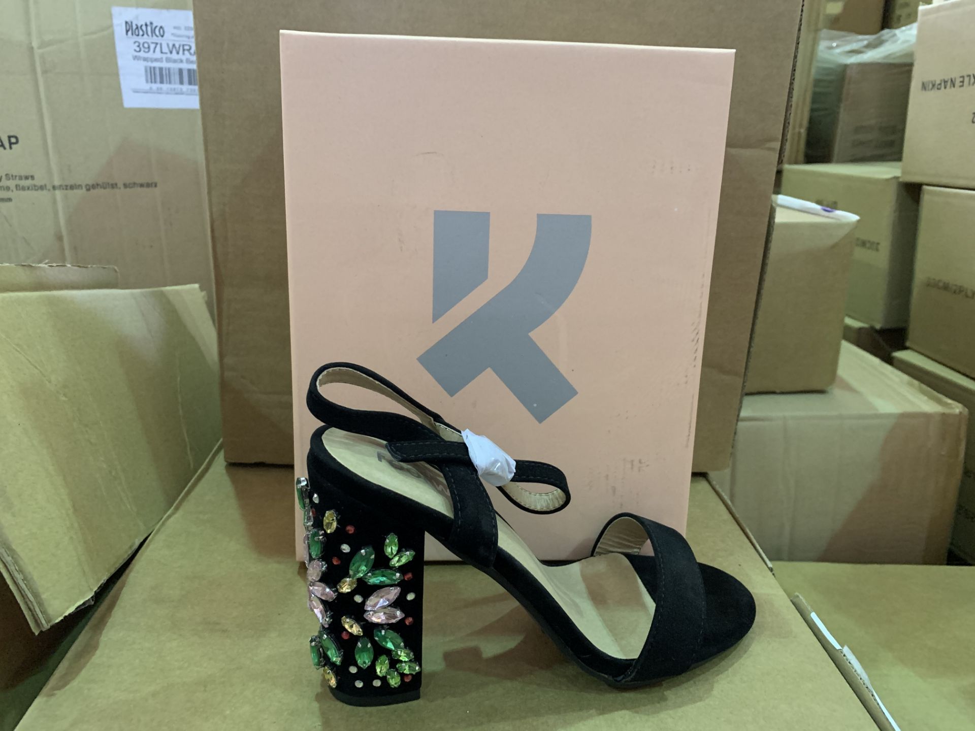 14 X BRAND NEW RETAIL BOXED KOI COUTURE BLACK SUEDE HIGH HEEL FASHION SHOES WITH JEWELLS IN RATIO