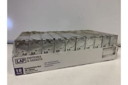 140 X NEW LAP SWITCHES & SOCKETS - 2 GANG INSTALLATION BOX. 25MM GALVANISED STEEL. (14 PACKS) (