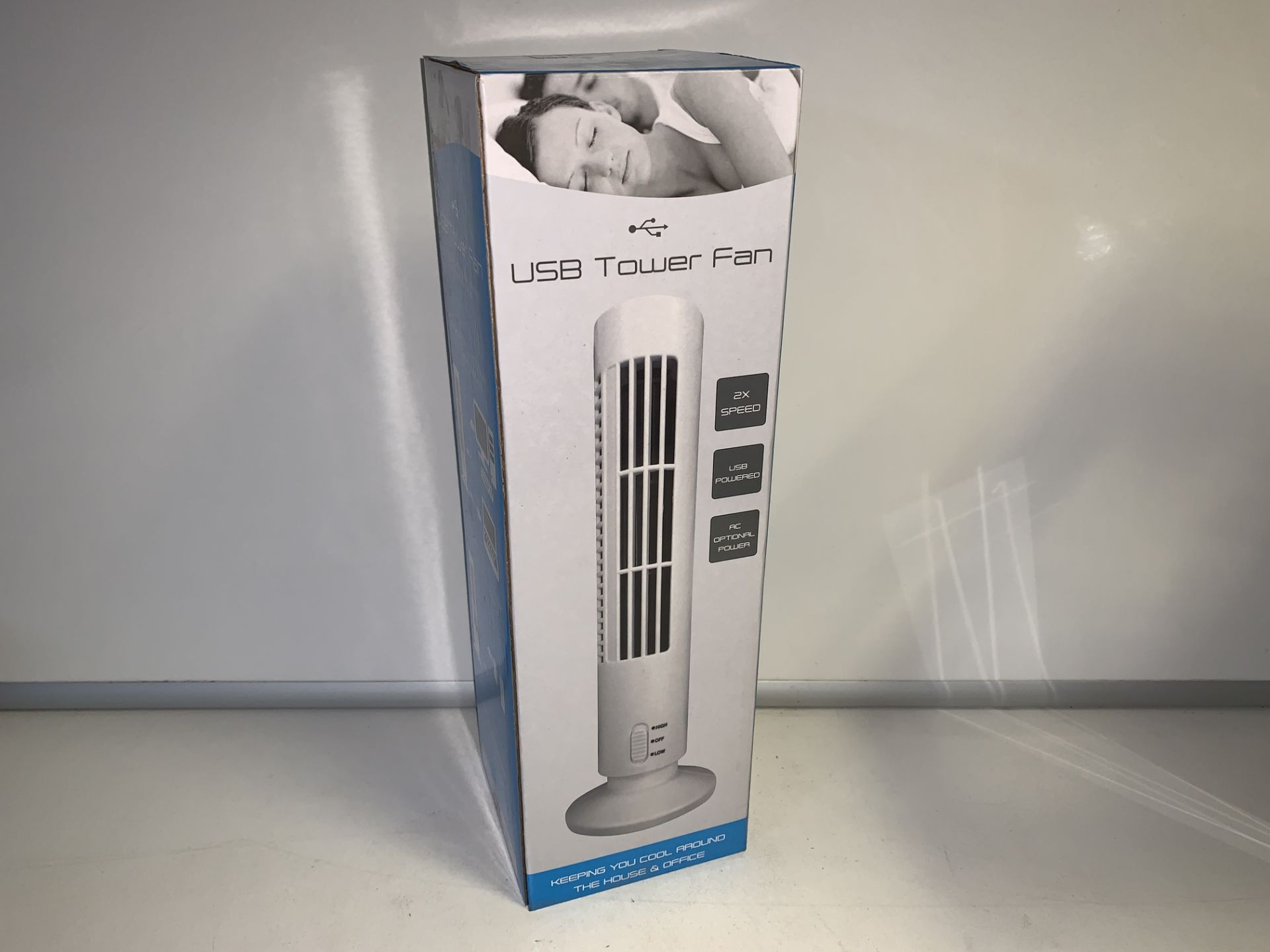 PALLET TO CONTAIN 50 X NEW BOXED LARGE USB TOWER FAN. 2 X SPEEDS, USB POWERED. RRP £19.99 EACH