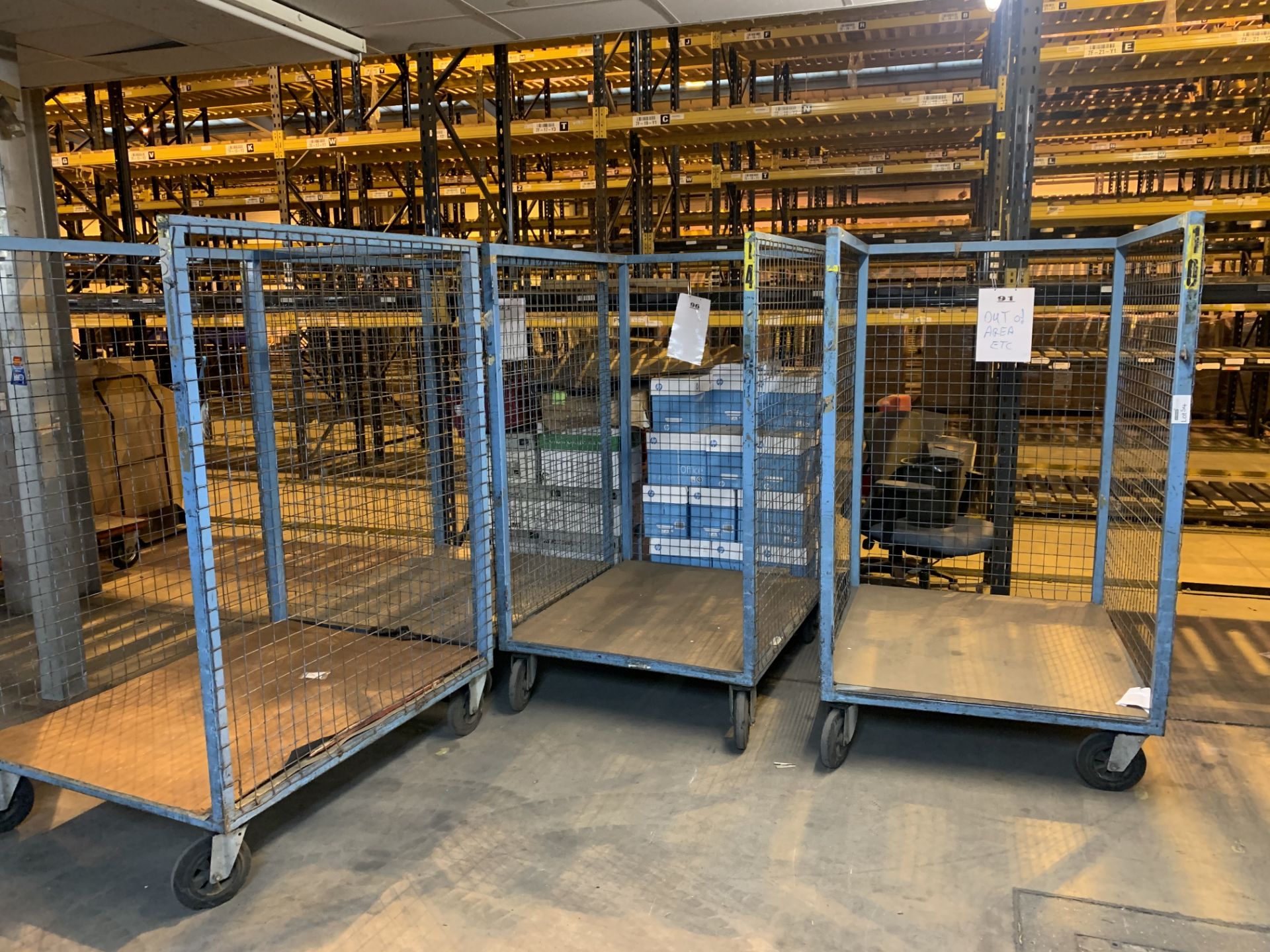 4 X BLUE 4 WHEELED TROLLEY CAGE (UNDER LARGE MEZZ)