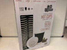 3 X NEW BOXES OF 150 CAFÉ EXPRESS INSUALTED HOT CUPS WITH SIP LIDS. 8oz 236ML