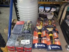 40+ PIECE MIXED LOT TO INCLUDE VARTA TORCHES, FULL SET SEAT PROTECTORS, 12 INCH FUNNELS, BOLT