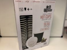 3 X NEW BOXES OF 150 CAFÉ EXPRESS INSUALTED HOT CUPS WITH SIP LIDS. 8oz 236ML