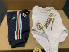 (NO VAT) 3 X BRAND NEW ADIDAS TRACKSUIT BOTTOMS SIZE 3-6M AND 2 X PINEAPPLE SWIMSUITS SIZE 7-8 (
