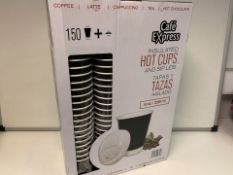 3 X NEW BOXES OF 150 CAFÉ EXPRESS INSUALTED HOT CUPS WITH SIP LIDS. 8oz 236ML