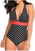5 X BRAND NEW FIGLEAVES BLUE AND WHITE POLKA DOT TUSCANY SPOT HALTER SWIMSUITS SIZE 20 AND 8