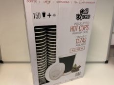 3 X NEW BOXES OF 150 CAFÉ EXPRESS INSUALTED HOT CUPS WITH SIP LIDS. 8oz 236ML (1764/25)