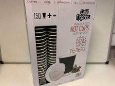 3 X NEW BOXES OF 150 CAFÉ EXPRESS INSUALTED HOT CUPS WITH SIP LIDS. 8oz 236ML (1763/25)