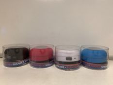 20 X NEW PACKAGED BLUETOOTH WATERPROOF SHOWER SPEAKERS IN VARIOUS COLOURS. RRP £18 EACH