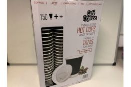 4 X NEW BOXES OF 150 CAFÉ EXPRESS INSUALTED HOT CUPS WITH SIP LIDS. 8oz 236ML 600 CUPS & 600 LIDS IN