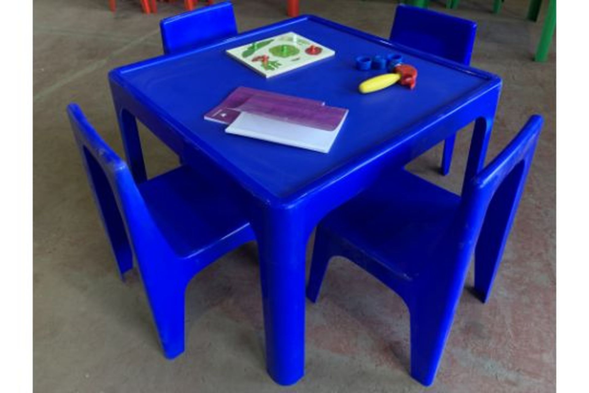 2 X BRAND NEW CHILDRENS BLUE GARDEN SETS OF 1 TABLE AND 4 CHAIRS