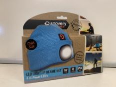 24 X NEW PACKAGED DISCOVERY CHANNEL LED LIGHT UP BEANIE HATS. 4 Hi-POWERED LED'S. UP TO 8 HOURS