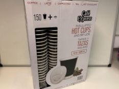 3 X NEW BOXES OF 150 CAFÉ EXPRESS INSUALTED HOT CUPS WITH SIP LIDS. 8oz 236ML (1693/1)