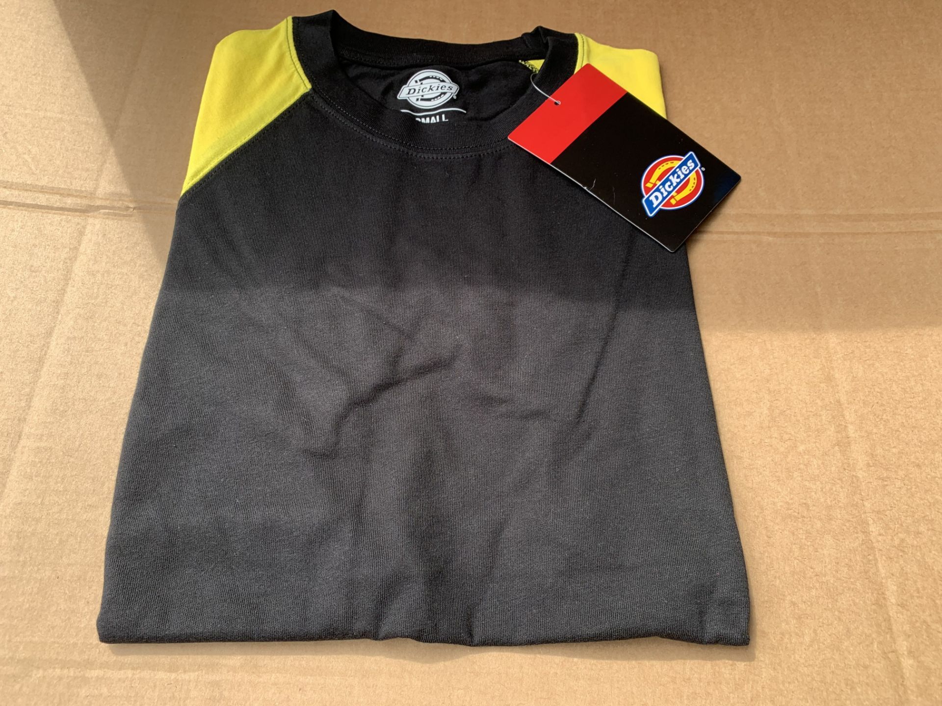 5 X BRAND NEW DICKIES BLACK/YELLOW TWO TONE T-SHIRTS SIZE SMALL (1211/1)
