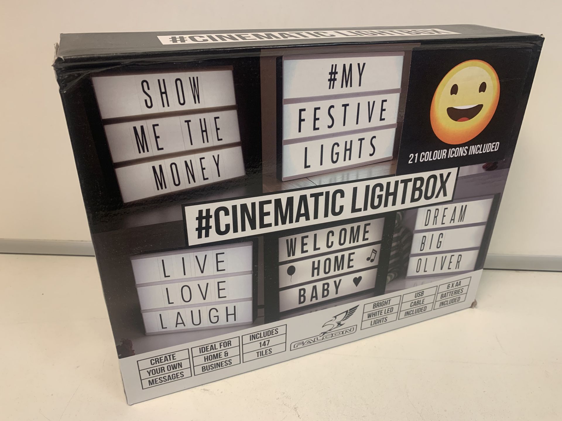 12 X NEW BOXED FALCON LARGE CINEMATIC LIGHTBOXES. INCLUDES: 147 TILES, BRIGHT WHITE LEDS, 21