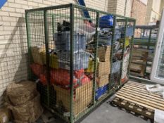 LARGE STORAGE CAGE ON WHEELS AND CONTENTS TO INCLUDE VARIOUS PIPE FITTINGS ETC 230L X 185H X 115D