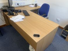 OFFICE CORNER DESK WITH DRAWERS AND OFFICE CHAIR AND 2 DRAWER FILING CABINET