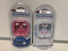 60 X NEW PACKAGED ENZO STEREO DYNAMIC EARPHONES. EACH SET INCLUDES 4 SOFT FEEL EAR CUSHIONS