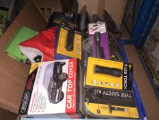 56 PIECE MIXED LOT INCLUDING CAR TOP COVER, LED TORCHES, TYRE SAFETY KITS ETC