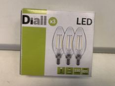 60 X NEW BOXED PACKS OF 3 DIALL LED FILAMENT CANDLE LIGHT BULBS. 2W = 25W. E14 FITTING. 85% ENERGY