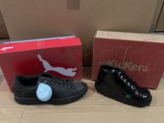 (NO VAT) 2 X BRAND NEW PUMA SOFTFOAM BLACK TRAINERS AND 1 X KICKERS PATENT BLACK SHOES VARIOUS SIZES