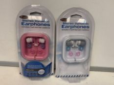 60 X NEW PACKAGED ENZO STEREO DYNAMIC EARPHONES. EACH SET INCLUDES 4 SOFT FEEL EAR CUSHIONS (447/