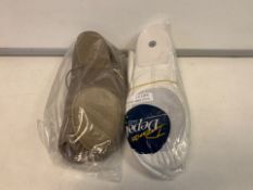 21 X BRAND NEW DANCE DEPOT SPLIT SOLE DANCE SHOES CHILDRENS TAN AND WHITE IN VARIOUS SIZES (1066/