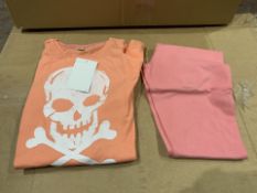 (NO VAT) 15 X BRAND NEW PEACH SKULL TOP AND LEGGINGS SETS AGE 9-10 YEARS (1092/15)