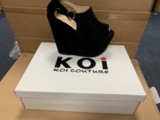 28 X BRAND NEW BOXED KOI BLACK SUEDE SHOES IN RATIO SIZED BOXES WR1