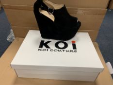 28 X BRAND NEW BOXED KOI BLACK SUEDE SHOES IN RATIO SIZED BOXES WR1