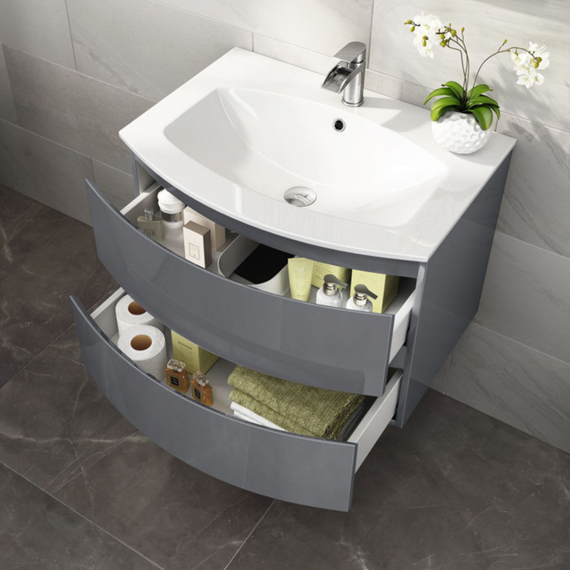 New & Boxed 700mm Amelie Gloss Grey Curved Vanity Unit - Wall Hung. RRP £999.99.Comes Complete With - Image 2 of 3