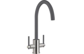 (SUP173) New Prima Plus Swan Neck Dual Lever Gun Metal Kitchen Mixer Tap. RRP £245.99. Gun metal