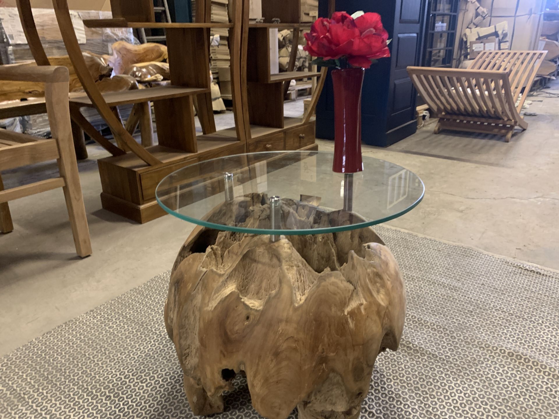 SOLID WOODEN TEAK ROOT BALL TABLE WITH 8MM GLASS DIA 50 X H50 RRP £725 - Image 3 of 3