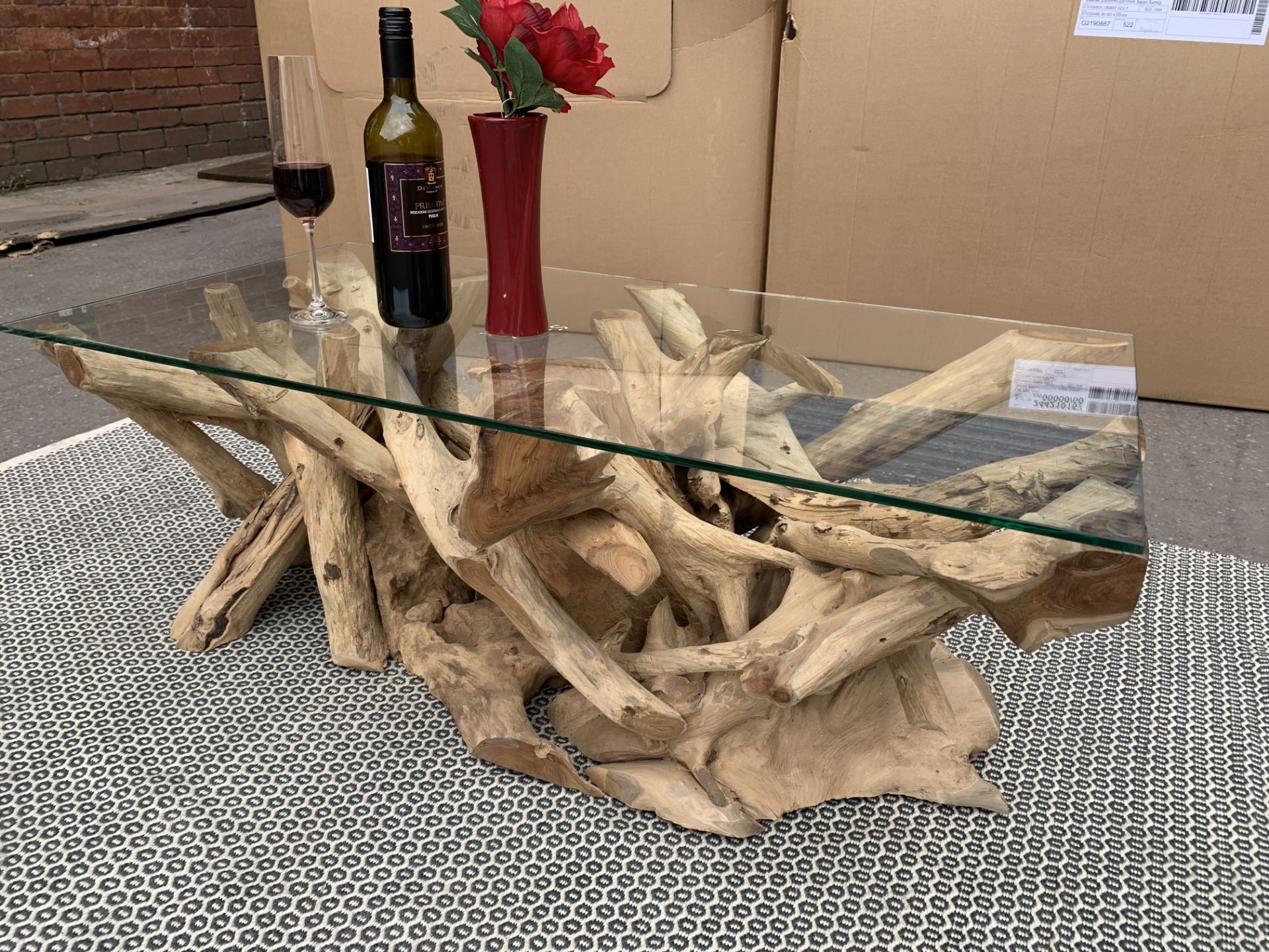 SOLID WOODEN RECTA TEAK ROOT COFFEE TABLE WITH 8MM GLASS L100 X W50 X H40 RRP £650