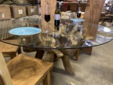 SOLID WOODEN TEAK ROOT DINING TABLE WITH 4 SUAR BLOCK CHAIRS DIA 150 X H77 RRP £2195