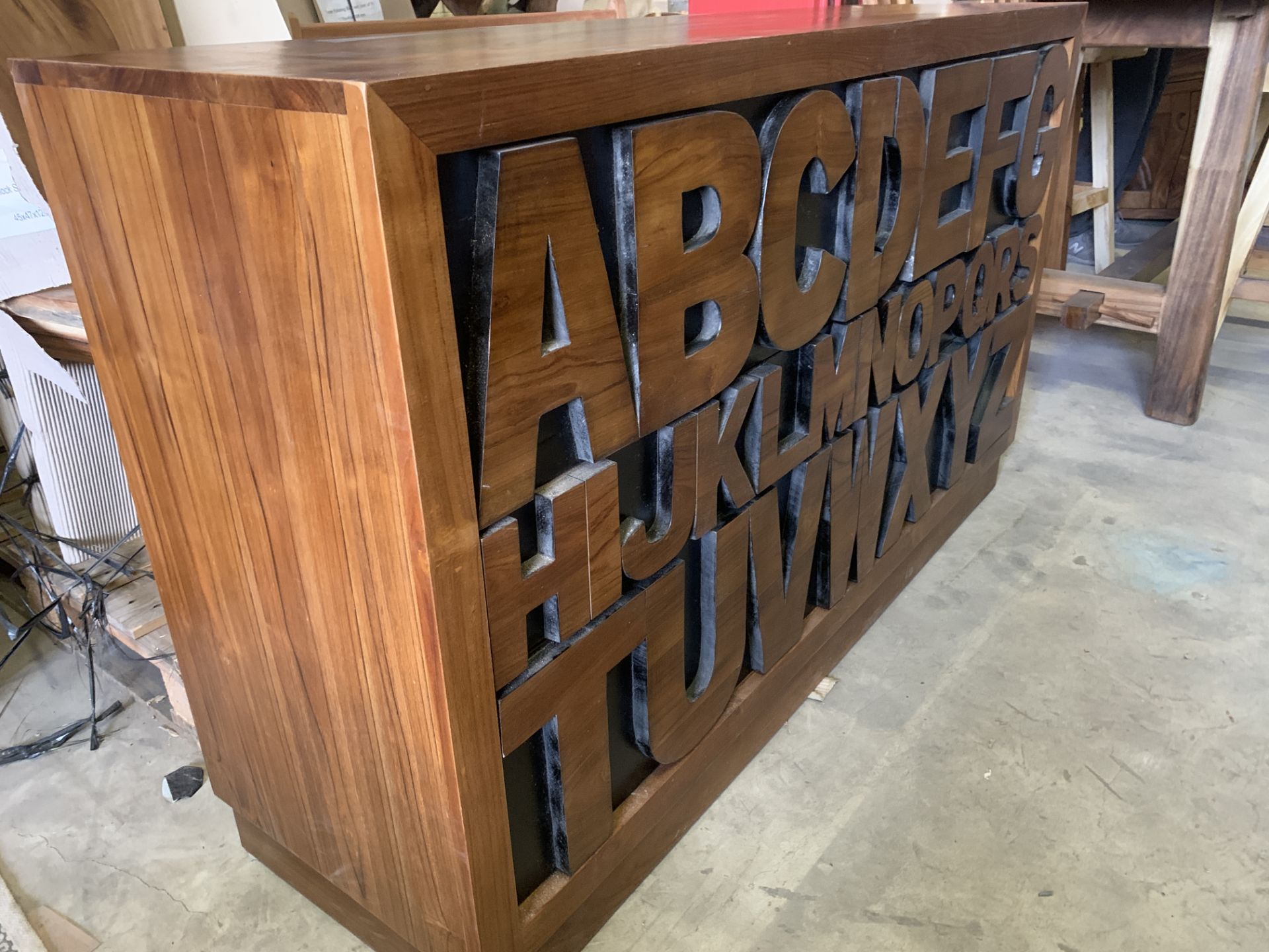 SOLID WOODEN TEAK ALPHABET SIDEBOARD WITH DRAWERS L150 X W45 X H90 RRP £1295 - Image 2 of 2