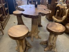 SOLID WOODEN TEAK ROOT BAR SET WITH 4 STOOLS L60 X W60 X H100 RRP £1995