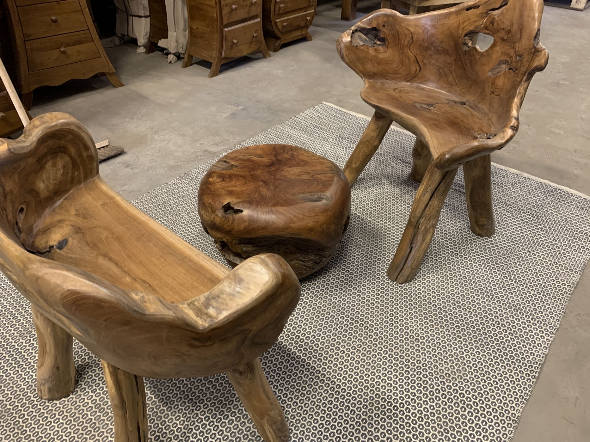 SOLID WOODEN TEAK ROOT SETS (TABLE AND 2 STOOLS) DIA 50 X H40 RRP £995 - Image 3 of 3