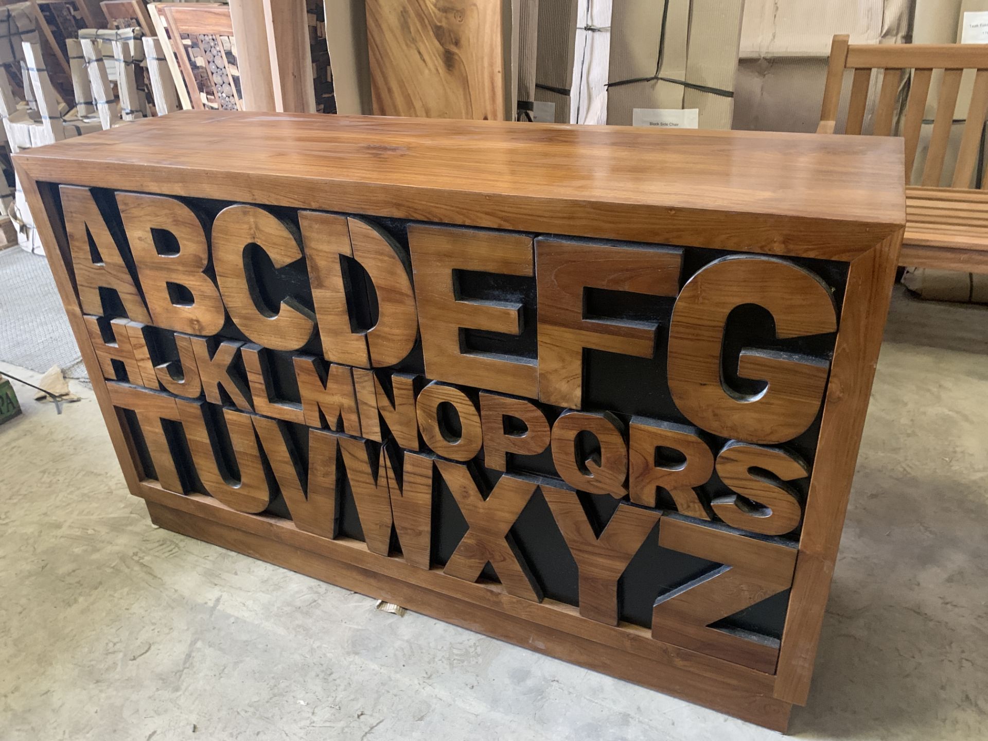 SOLID WOODEN TEAK ALPHABET SIDEBOARD WITH DRAWERS L150 X W45 X H90 RRP £1295