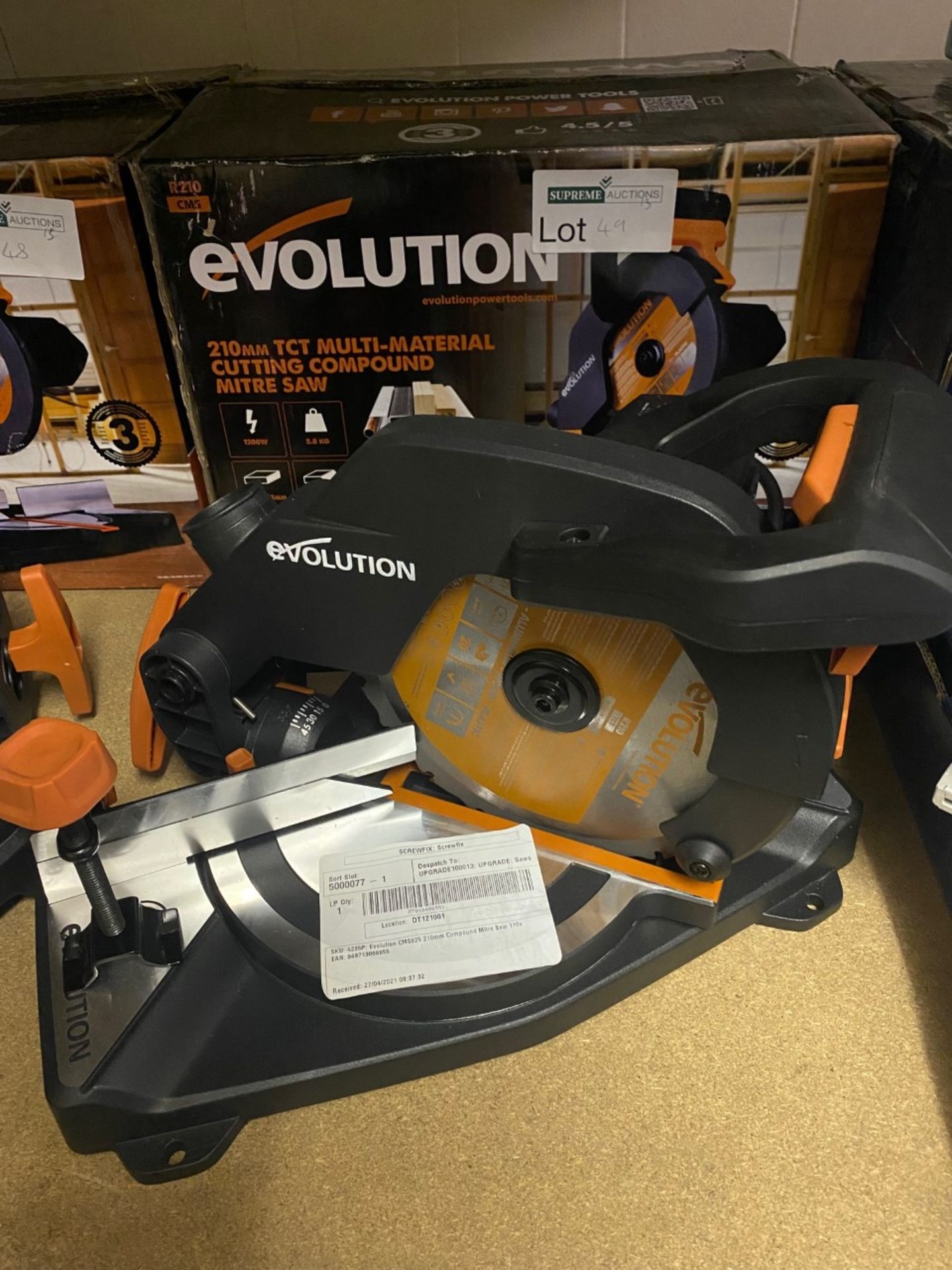 EVOLUTION R210CMS 210MM ELECTRIC SINGLE-BEVEL COMPOUND MITRE SAW 110V COMES WITH BOX (UNCHECKED)