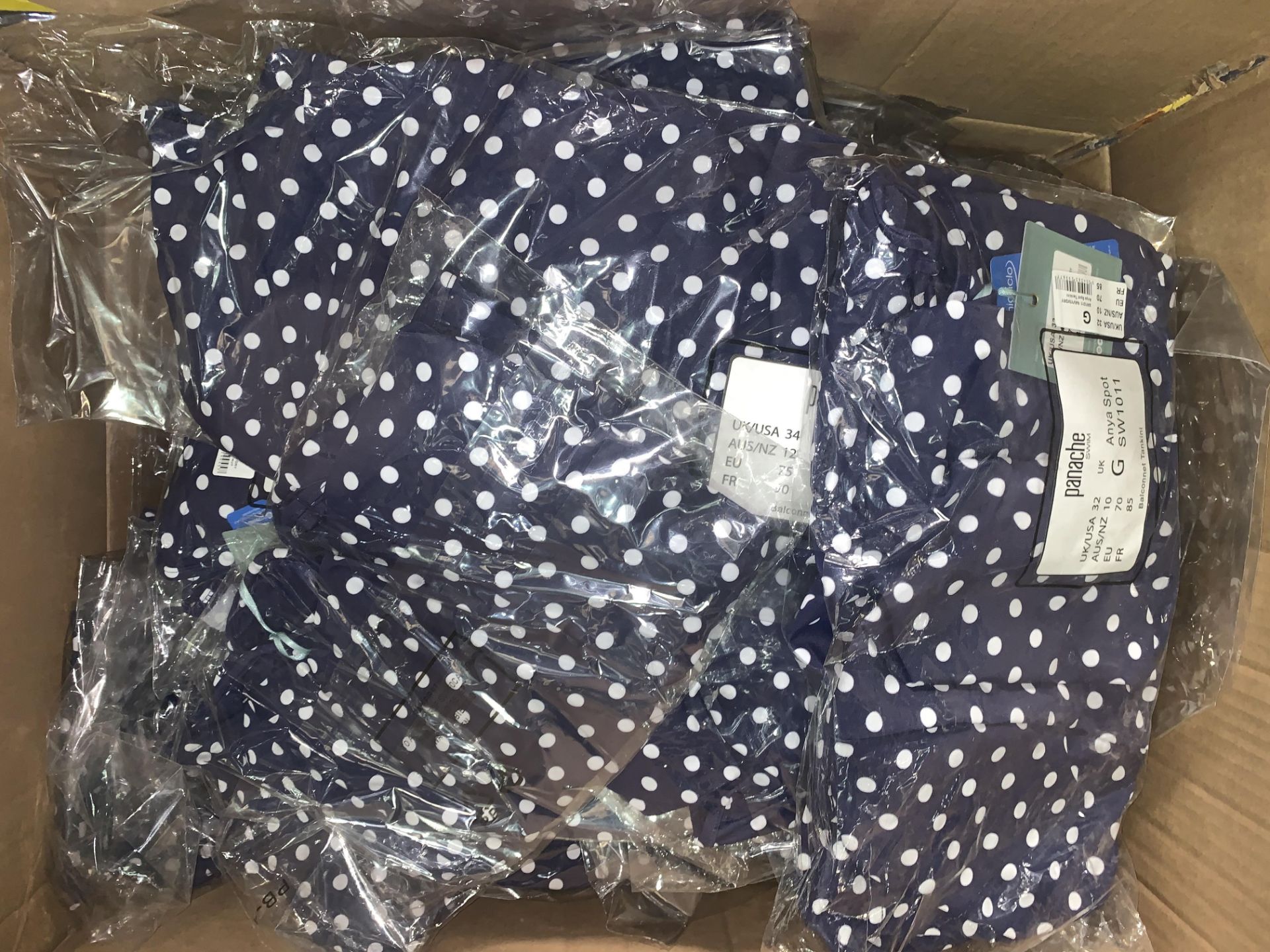 20 X BRAND NEW INDIVIDUALLY PACKAGED PANACHE BLUE WHITE ANYA SPOT BALCONNET TANKINI TOPS (SIZES