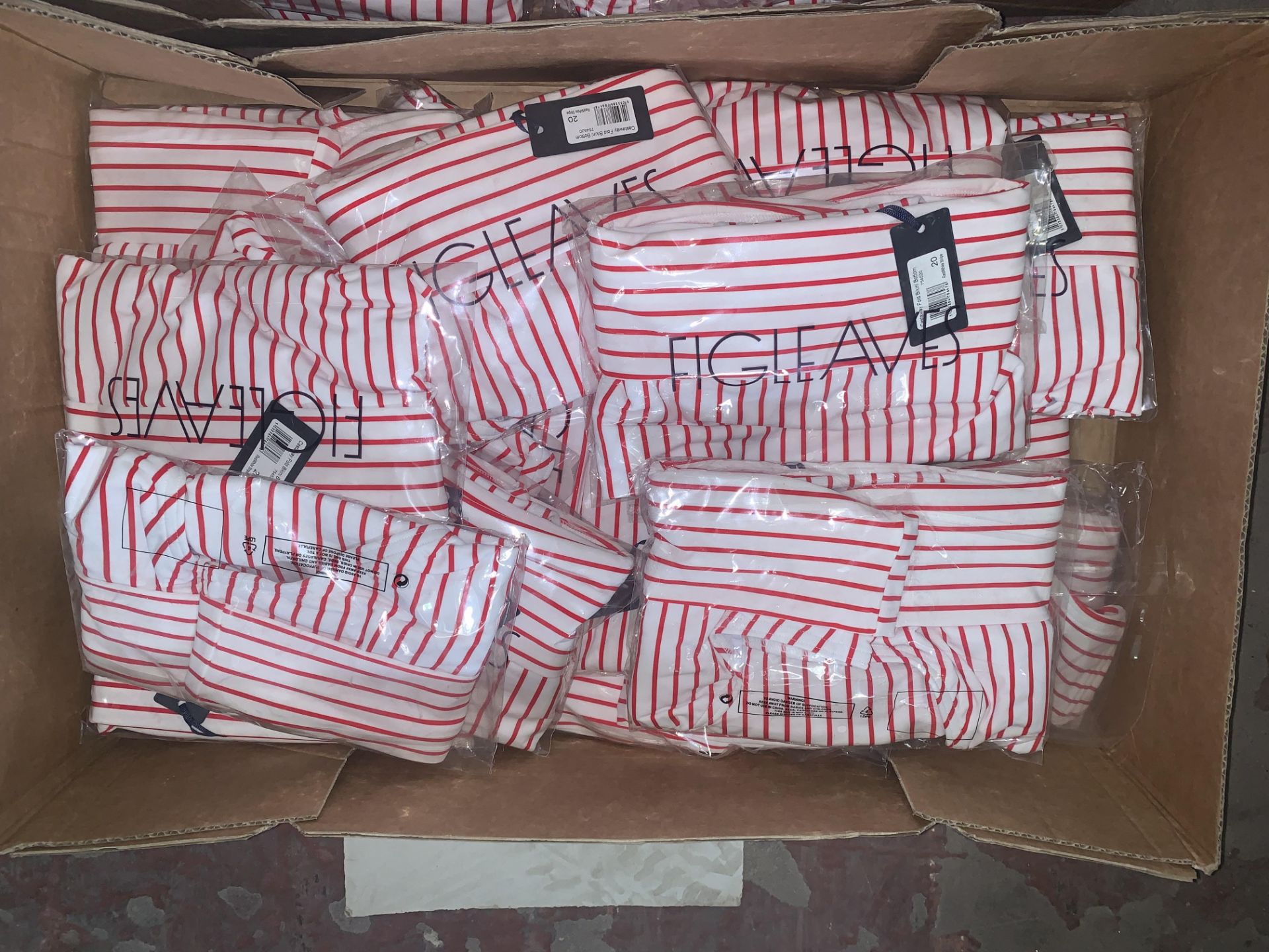 20 X BRAND NEW INDIVIDUALLY PACKAGED FIGLEAVES RED/WHITE STRIPE CASTAWAY FOLD BIKINI BOTTOMS